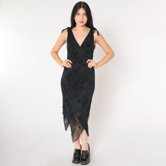 90s City Triangles Sparkly Floral Midi Dress Black Empire Waist V Neck Small