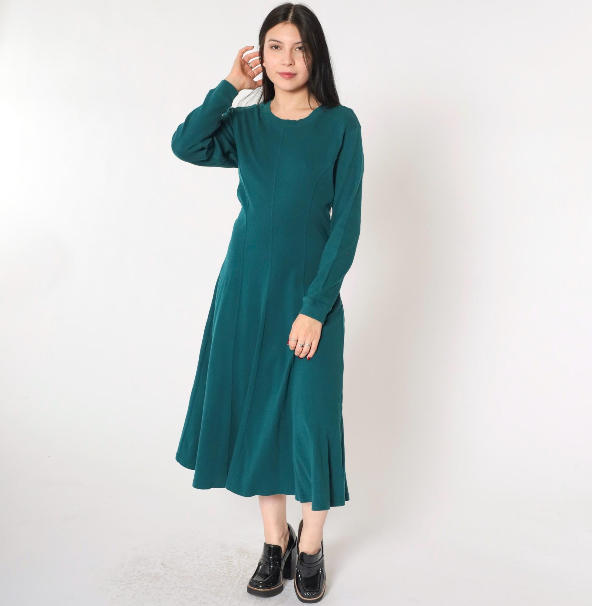 90s Teal A-Line Midi Dress Long Sleeve Princess Seam Cotton Small