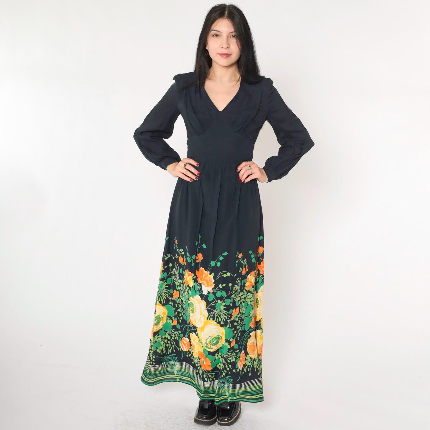 70s Vera Mont Paris Black Floral Maxi Dress V-Neck High Waist Small