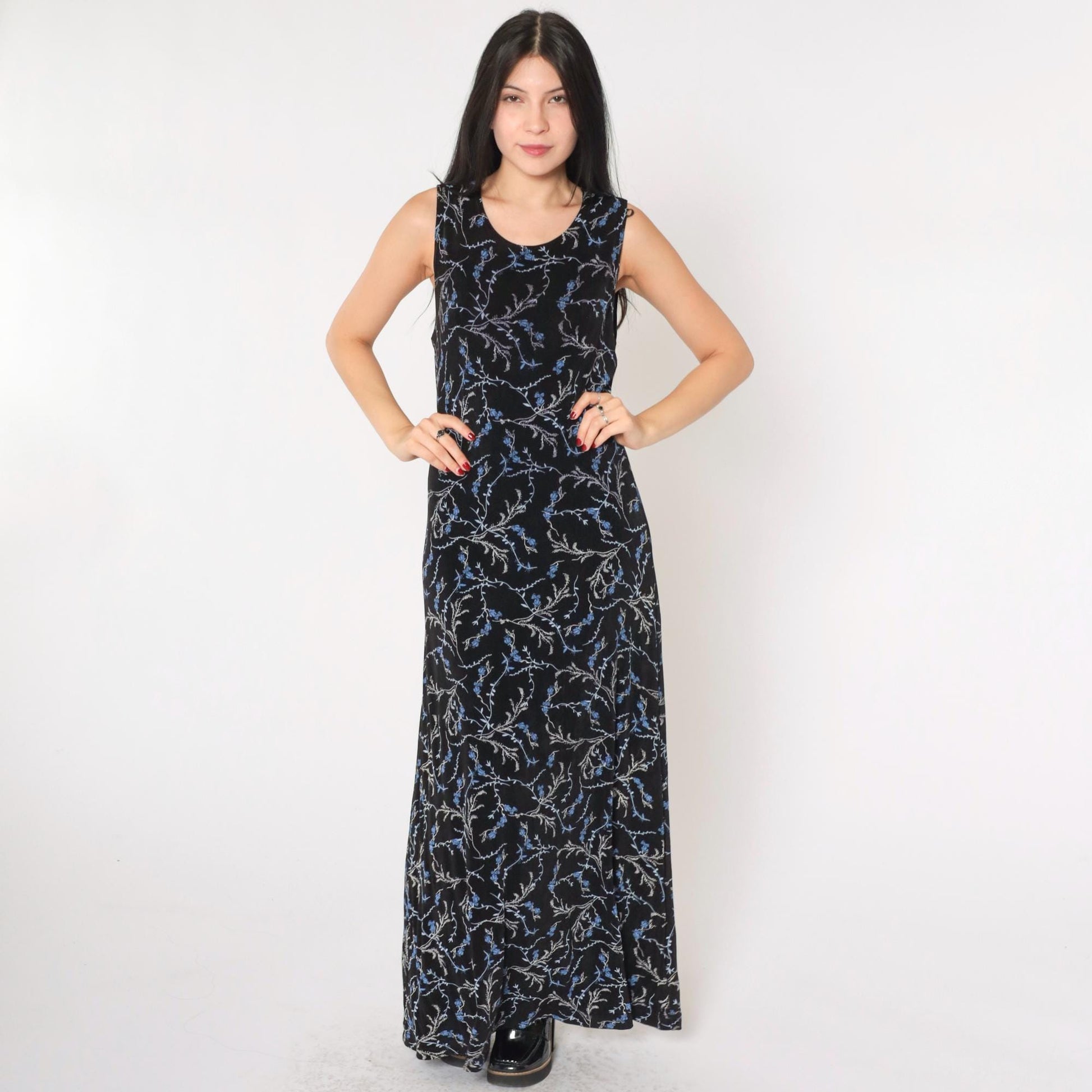 90s maxi dress 90'S BLACK 34 Shoulder 90s A-line maxi dress like