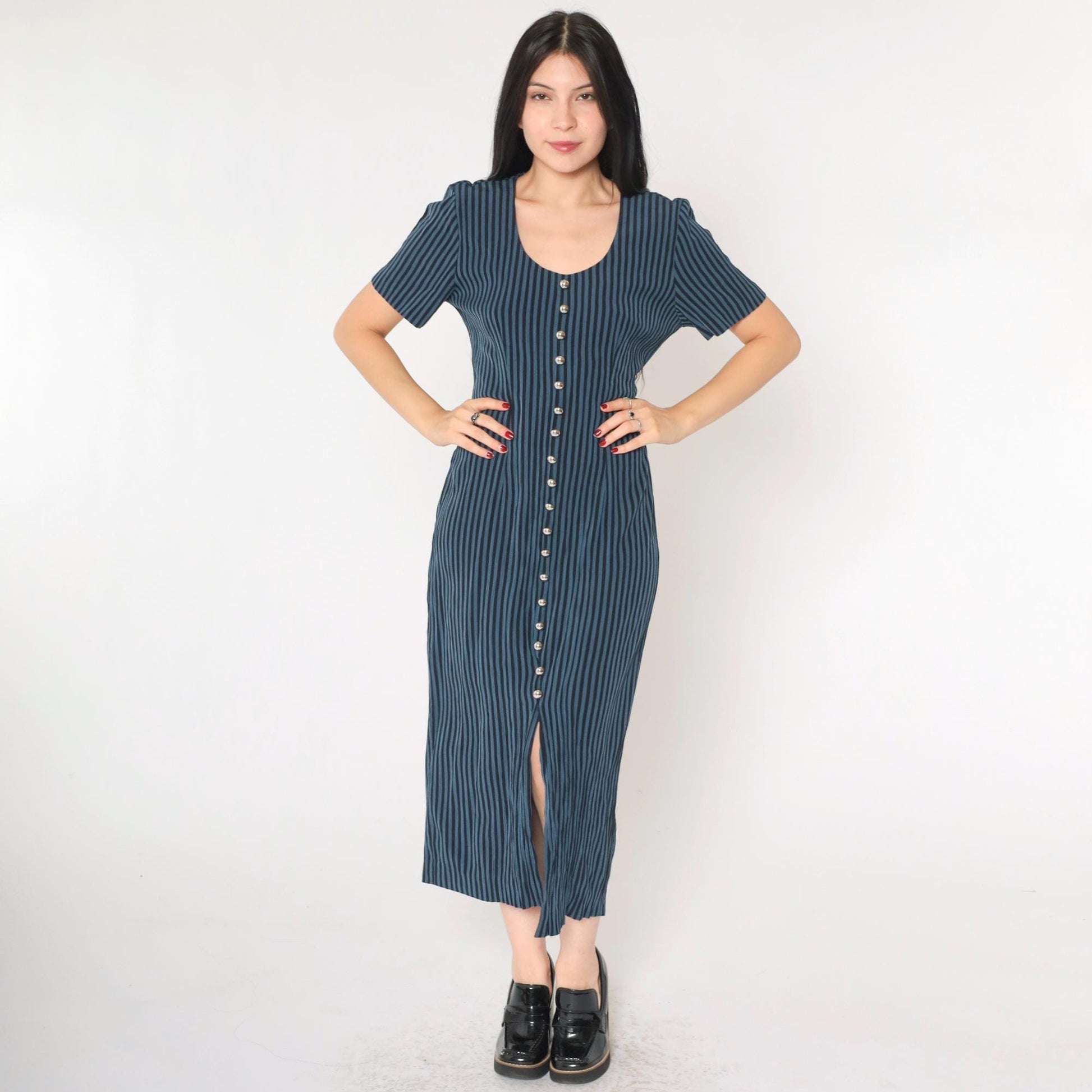 90s DJ Intl Striped Sheath Midi Dress Black Blue Button-Up Medium