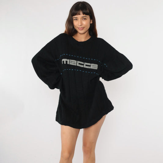 Y2K Mecca Black Logo Crewneck Sweater Ribbed Terry Cloth Pullover Extra Extra Large XXL