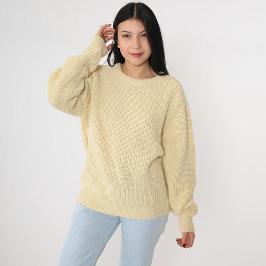 80s Cream Textured Knit Raglan Sweater Crewneck Pullover Medium Large