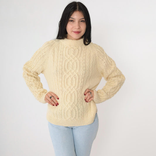 80s Cream Cable Knit Raglan Sweater Mock Neck Pullover Medium