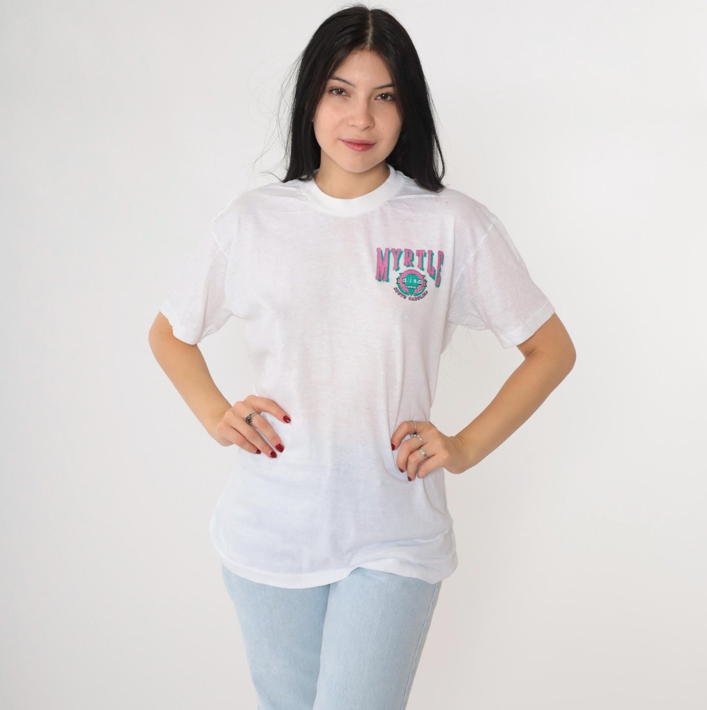 90s Myrtle Beach Graphic T-Shirt White Single Stitch Crewneck Medium