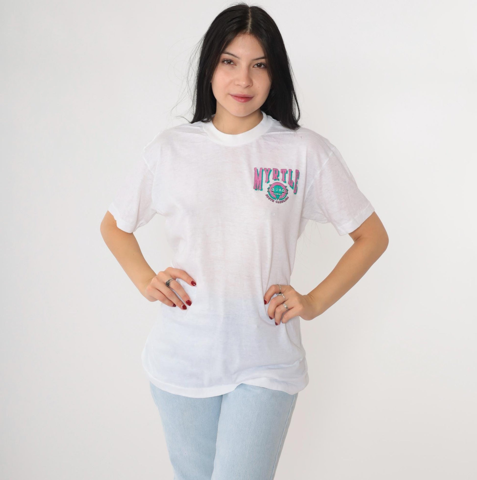 90s Myrtle Beach Graphic T-Shirt White Single Stitch Crewneck Medium