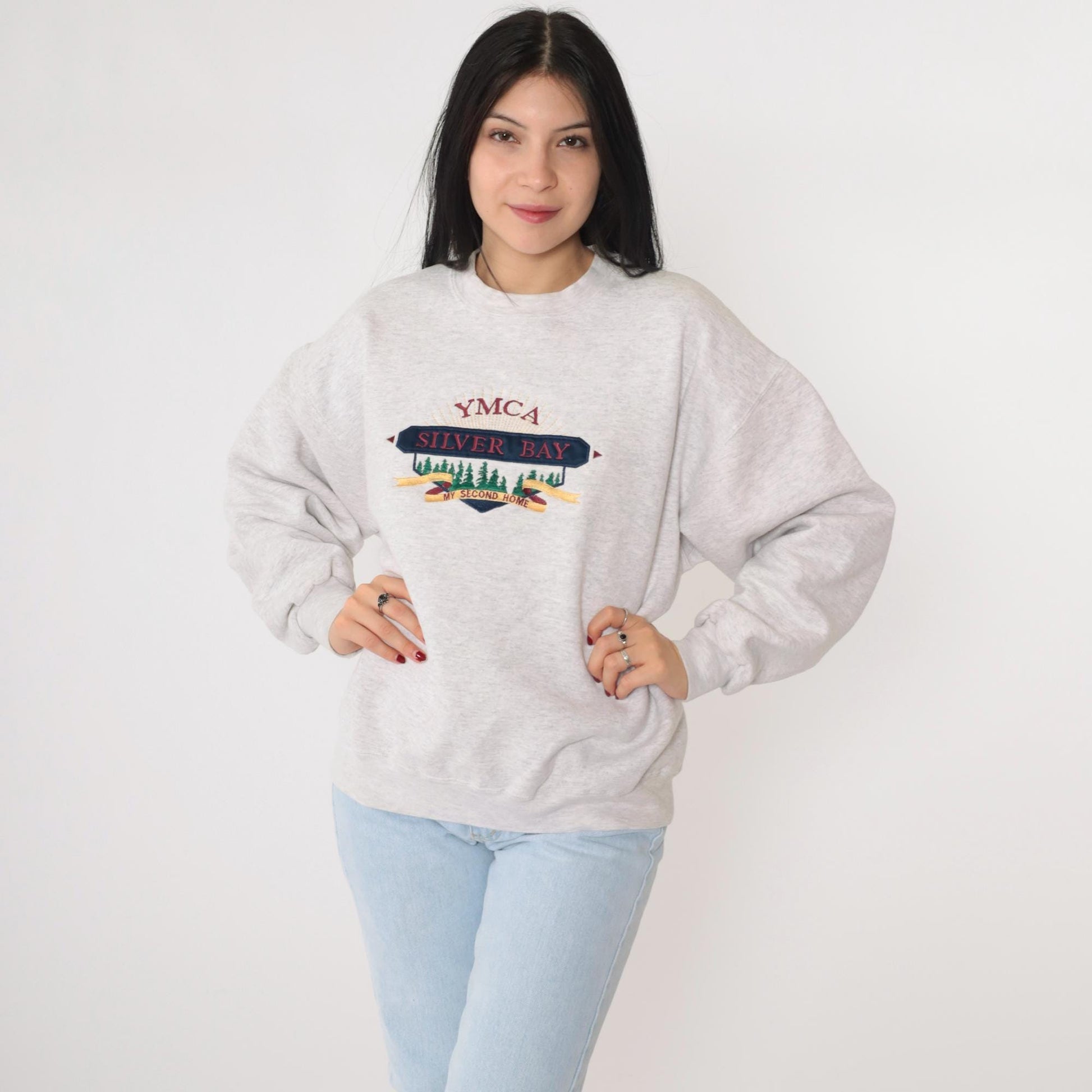 90s YMCA Silver Bay Lake George Embroidered Sweatshirt Heather Grey Large