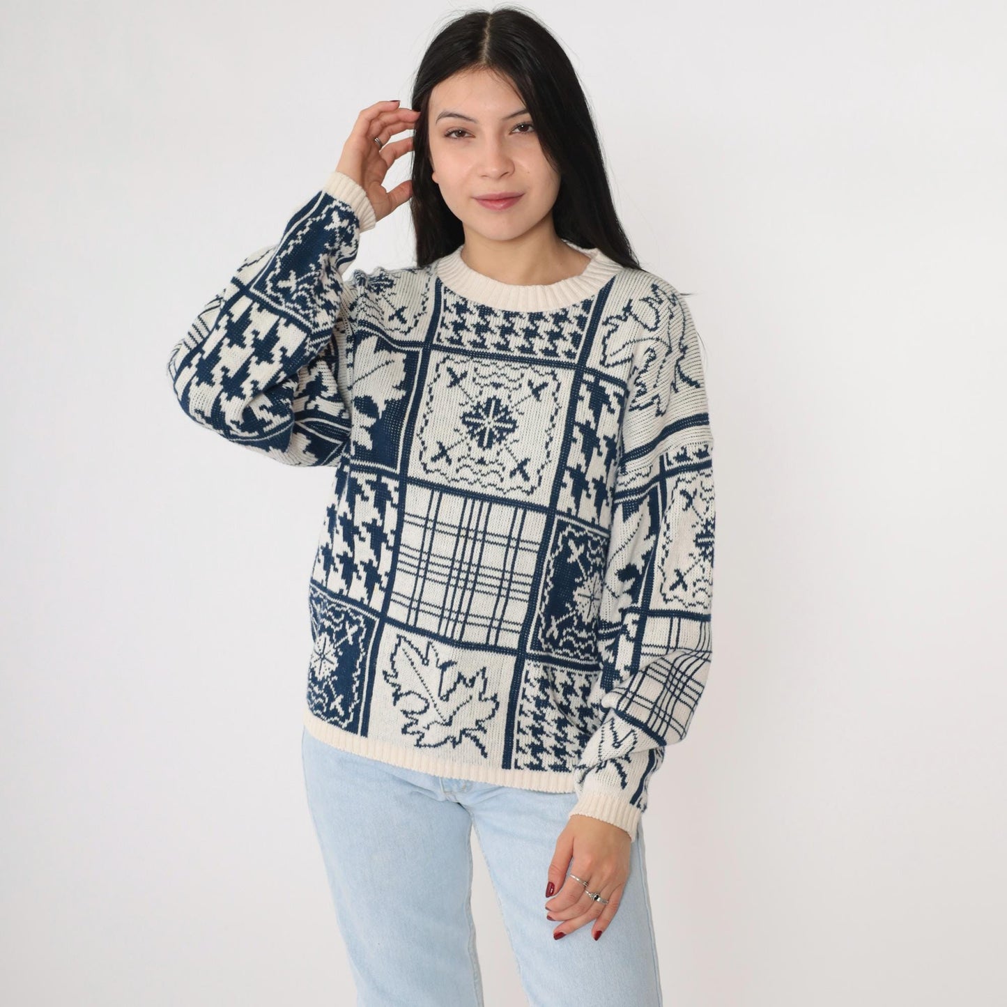 90s Cabin Creek Patchwork Knit Sweater Houndstooth Checkered Crewneck Medium