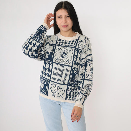 90s Cabin Creek Patchwork Knit Sweater Houndstooth Checkered Crewneck Medium