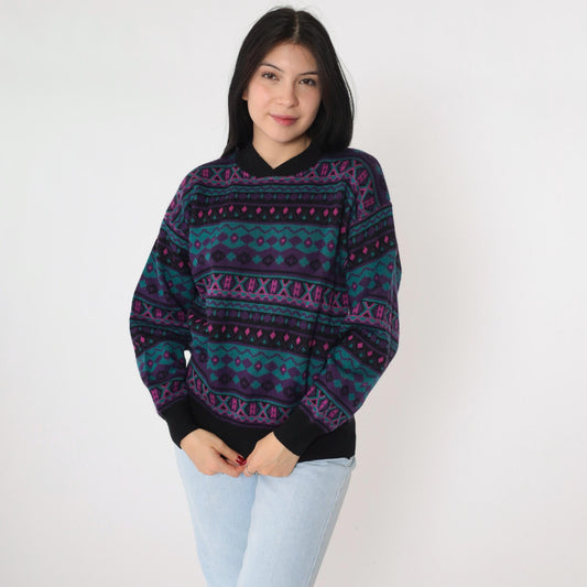 80s Southwestern Geometric Wool Blend Pullover Purple Teal Medium