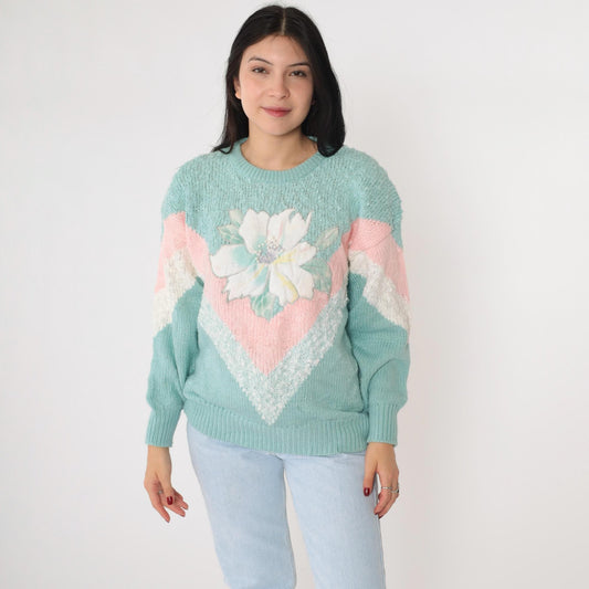80s Jacelyn Smith Seafoam Knit Sweater Pearl Beaded Floral Chevron Medium