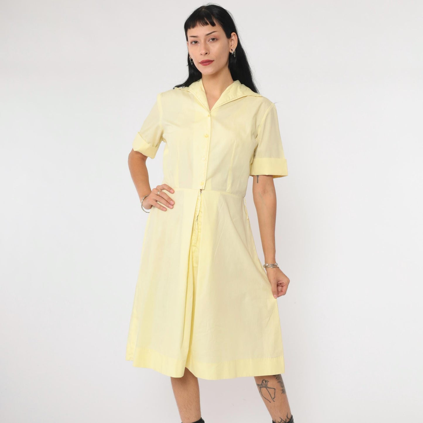 60s Light Yellow Button-Up Shirtdress Midi Collared High Waist Small