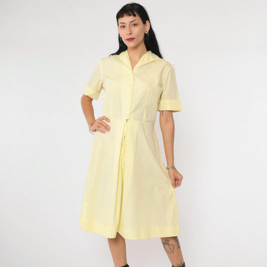 60s Light Yellow Button-Up Shirtdress Midi Collared High Waist Small