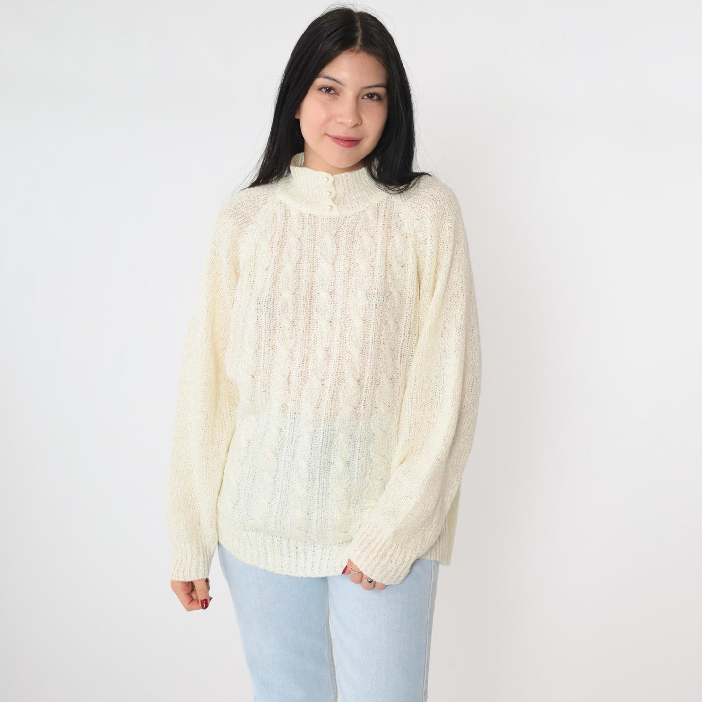 80s Miranda Cable Knit Sweater Cream Mock Neck Pearl Buttons Large L