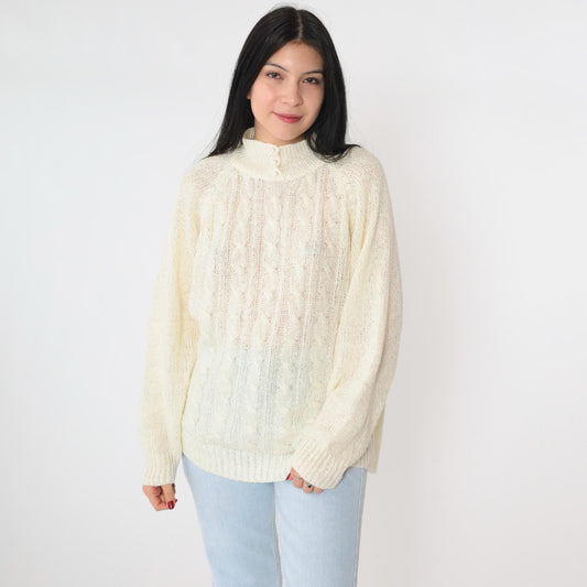 80s Miranda Cable Knit Sweater Cream Mock Neck Pearl Buttons Large L