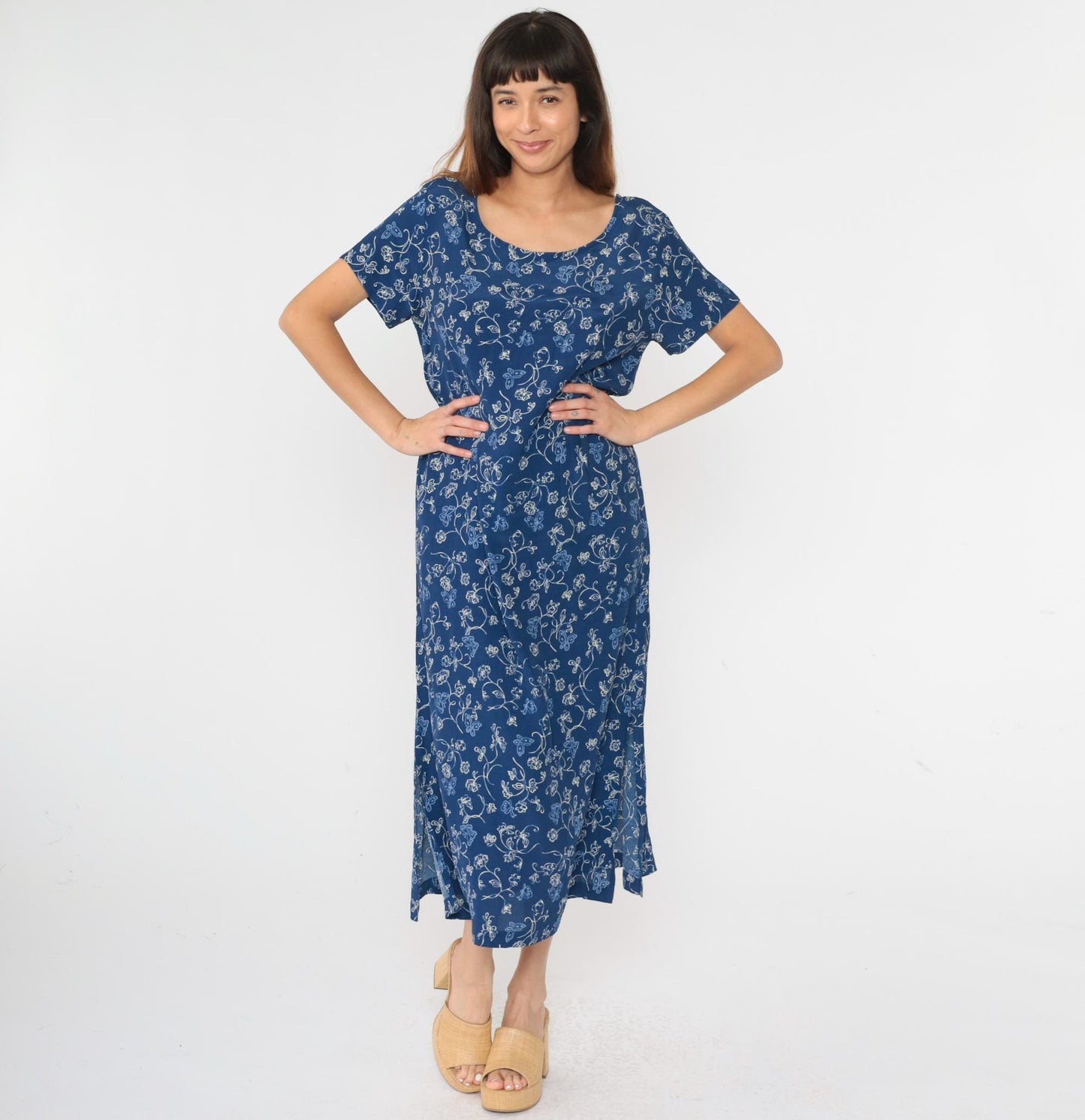 90s Erika Studio Floral Butterfly Maxi Dress Blue Ankle Length Medium