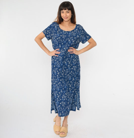 90s Erika Studio Floral Butterfly Maxi Dress Blue Ankle Length Medium