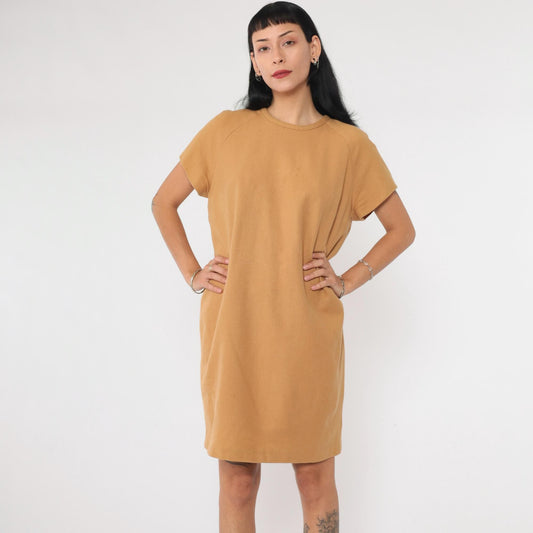 60s Tan Wool Shift Dress Mini Length Short Sleeve Rear Zip Medium