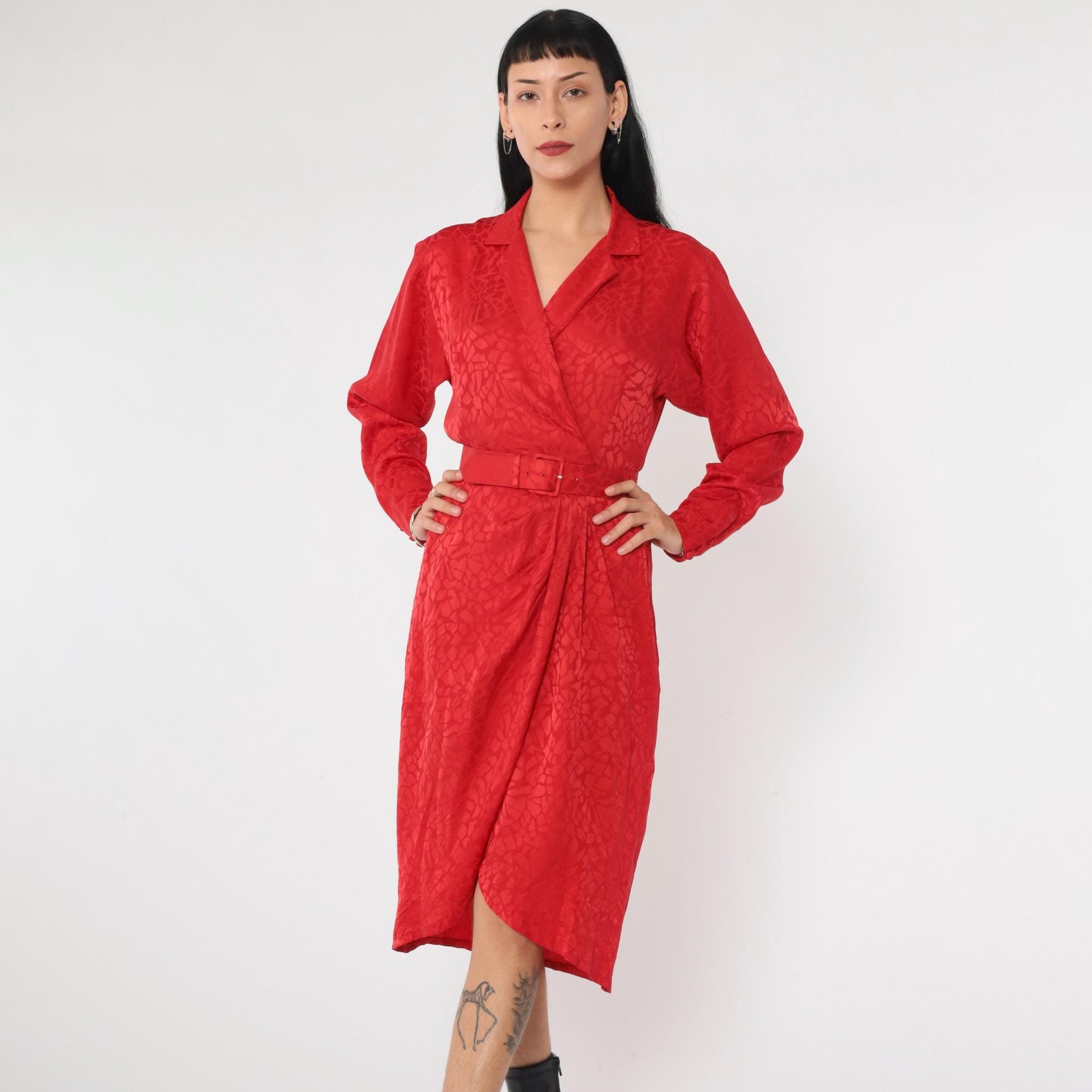90s Liz Claiborne Red Silk Wrap Dress Embossed Mosaic V Neck Midi Extra Small XS