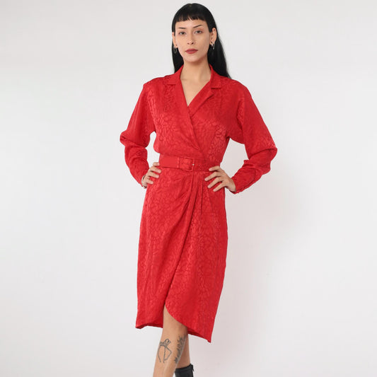 90s Liz Claiborne Red Silk Wrap Dress Embossed Mosaic V Neck Midi Extra Small XS