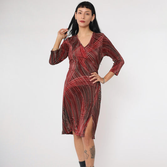 90s Teddi Dresses Striped Faux Wrap Minidress Red Black White V Neck Medium