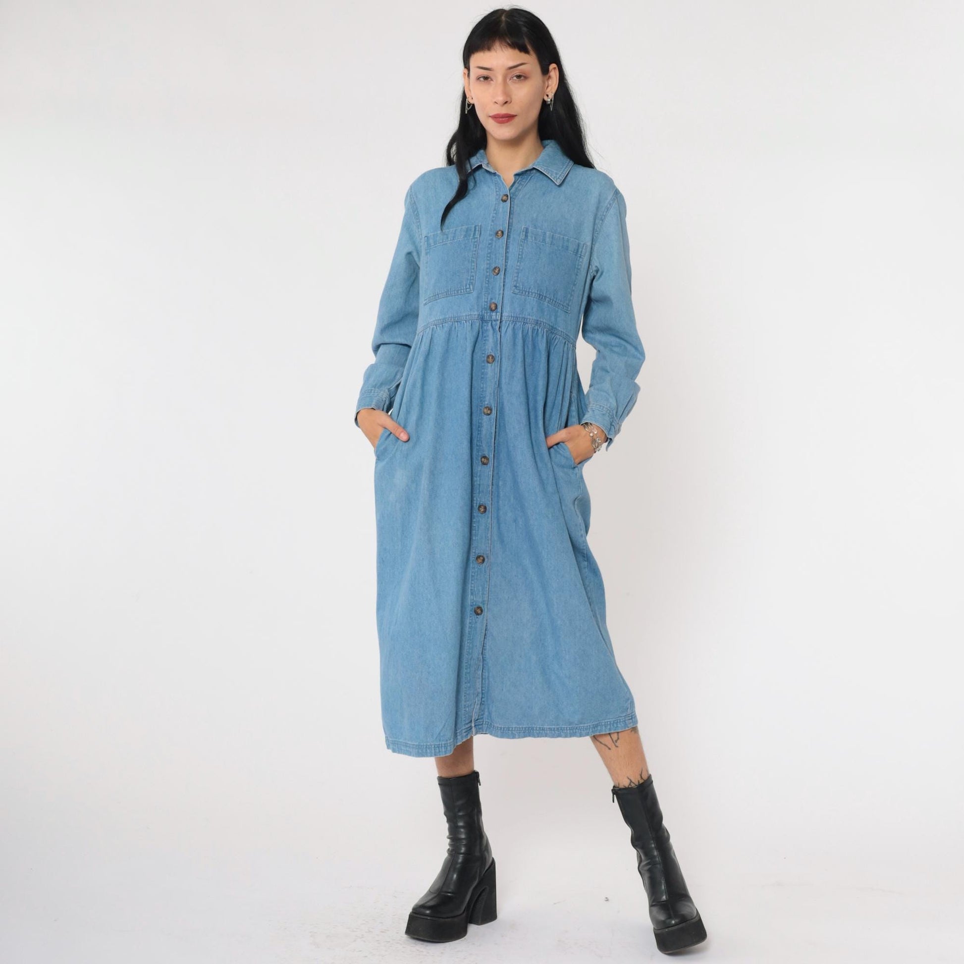 90s J.G. Hook Denim Midi Shirtdress Blue High-Waisted Button-Up Small Petite