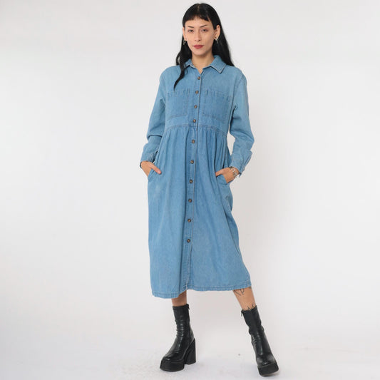 90s J.G. Hook Denim Midi Shirtdress Blue High-Waisted Button-Up Small Petite