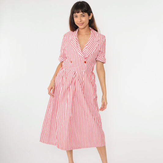 90s Red White Striped Cotton Midi Shirtdress Double Breasted High Waist Small Medium