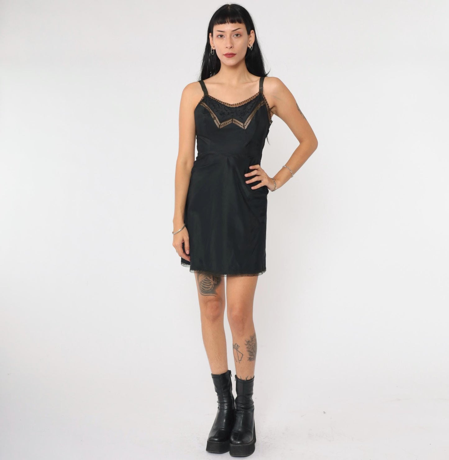 1950s Black Slip Dress Floral Embroidered Lace Trim Barbizon Extra Small