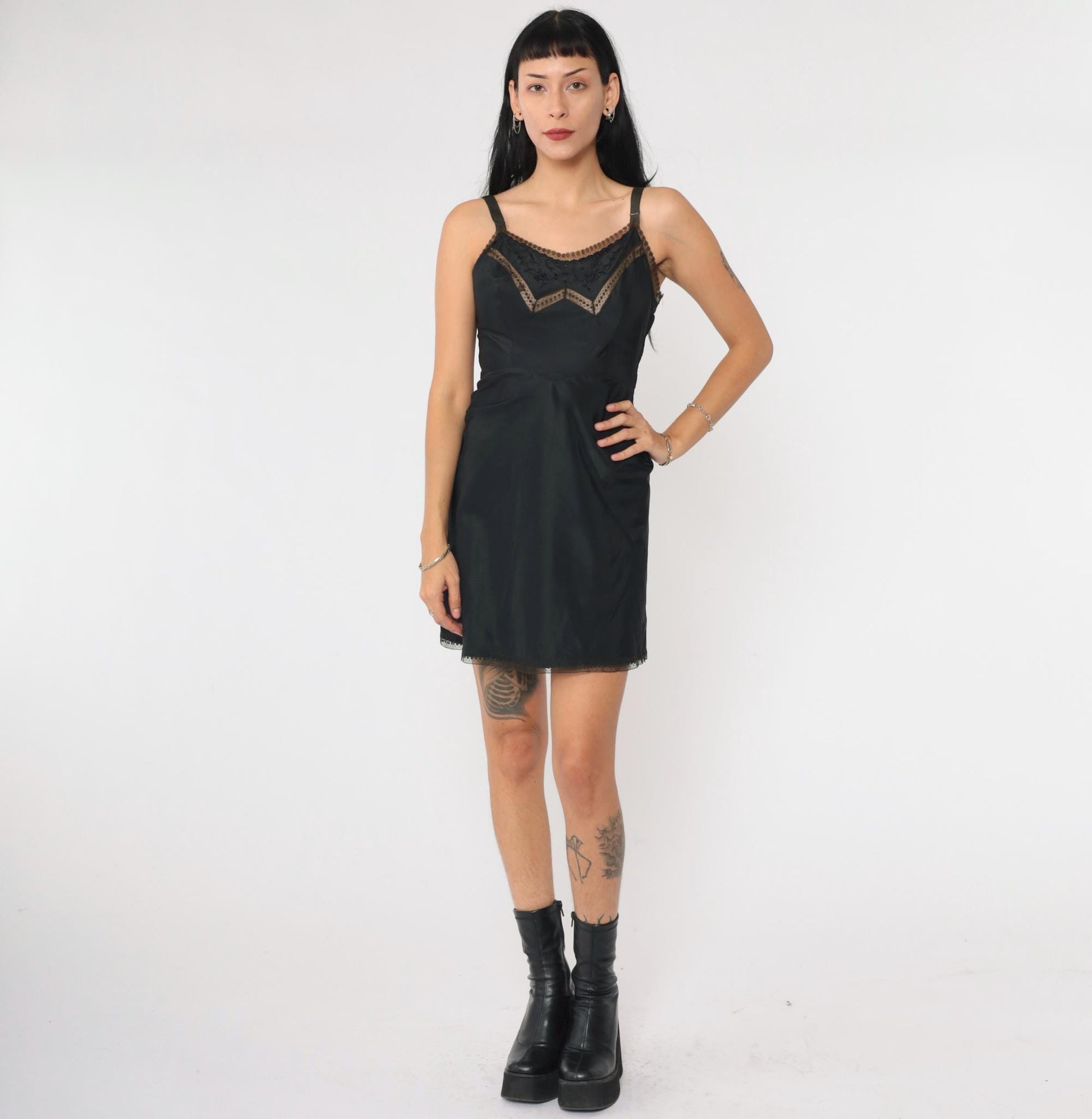 1950s Black Slip Dress Floral Embroidered Lace Trim Barbizon Extra Small