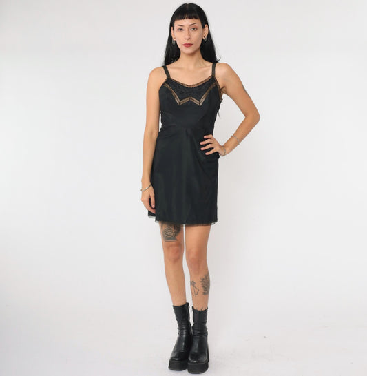 1950s Black Slip Dress Floral Embroidered Lace Trim Barbizon Extra Small