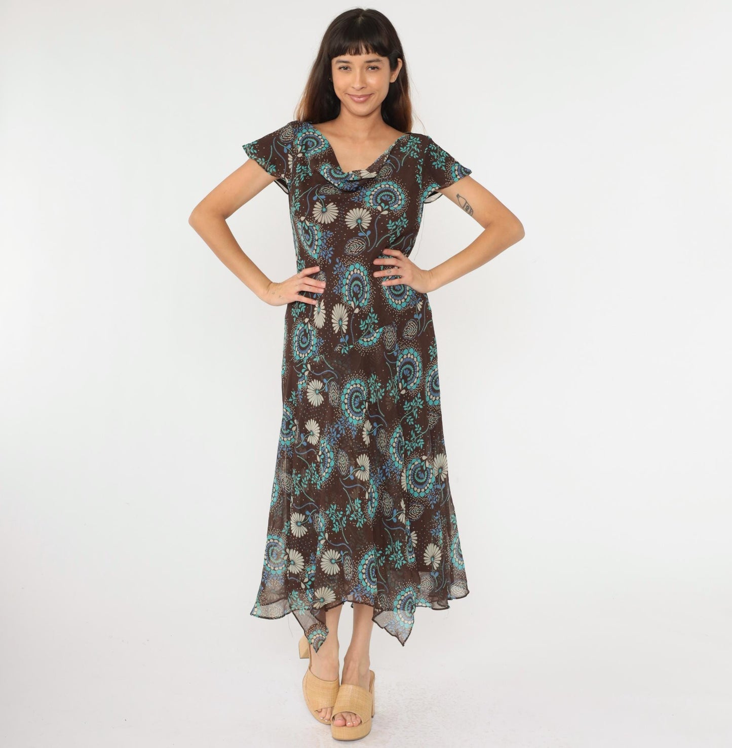 Y2K Brown Floral Midi Dress Asymmetrical Cowl Neck Flutter Sleeve Drop Waist Large 14