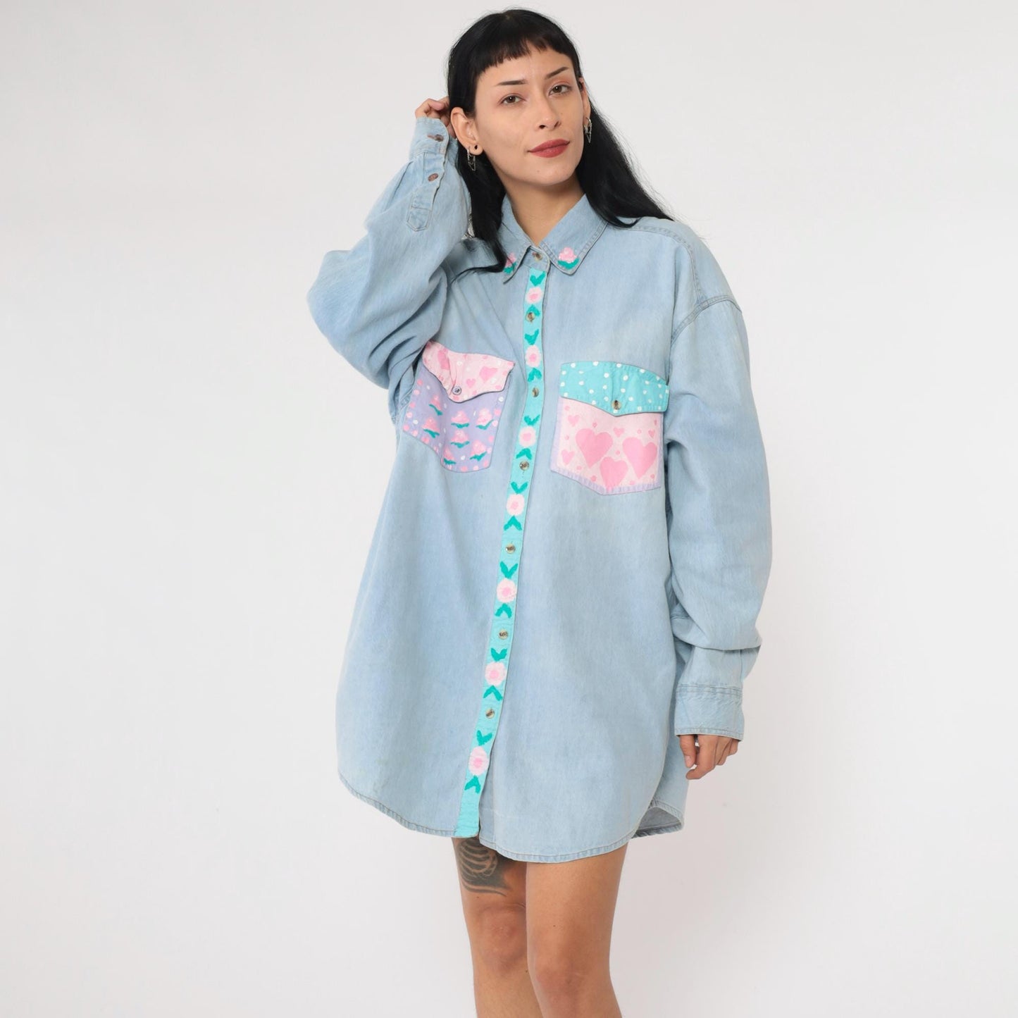 90s Hand Painted Floral Denim Button Up Shirt Blue Plus Size XXL