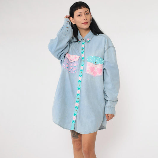 90s Hand Painted Floral Denim Button Up Shirt Blue Plus Size XXL