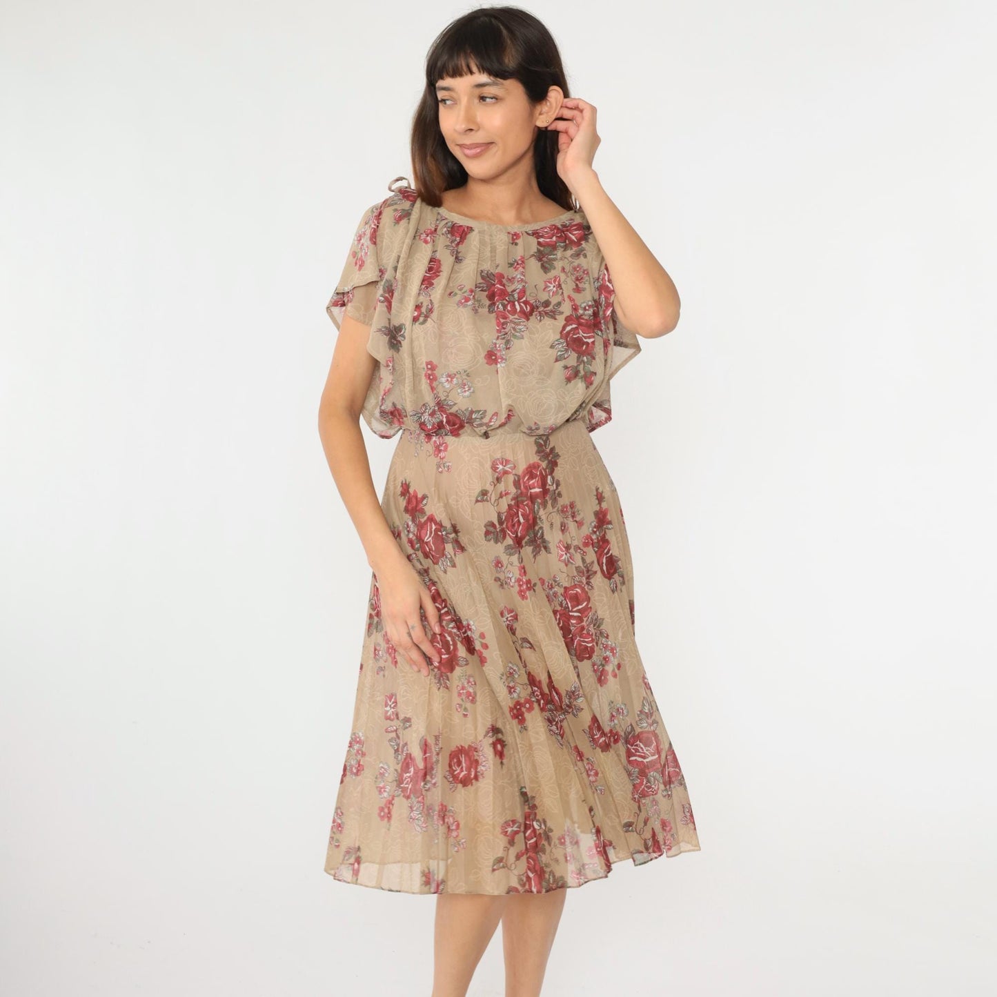 70s Floral Midi Dress Taupe Rose Print High Waist Blouson Flutter Sleeve Small