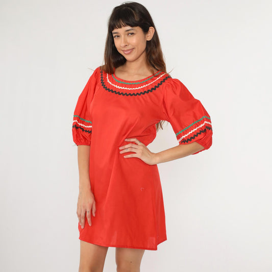 70s Red Mini Dress Puff Sleeve Ric Rac Trim Folk Country Shift Medium