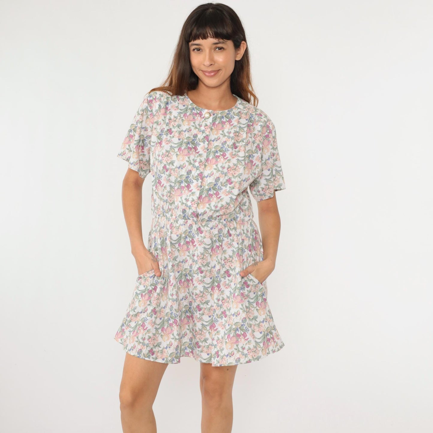 90s White Floral Print Button-Up Shirtdress Elastic Waist Mini Medium Large