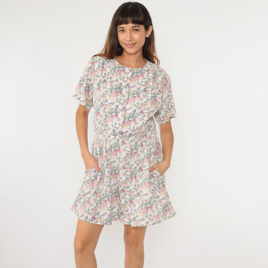 90s White Floral Print Button-Up Shirtdress Elastic Waist Mini Medium Large