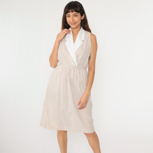 80s Kevin Stuart Seersucker Midi Dress Brown White Striped Collared Small