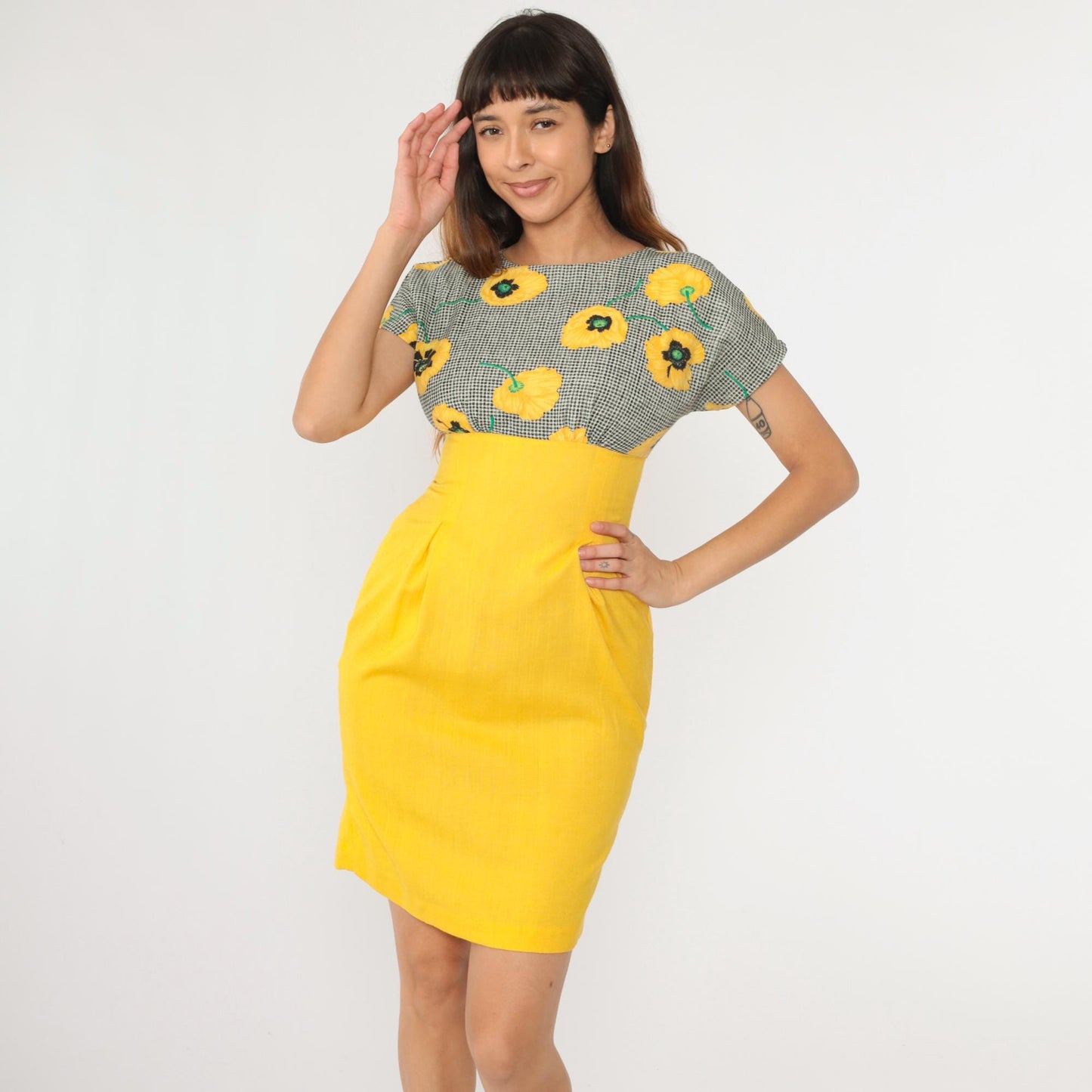 80s Yellow Floral Black Gingham Empire Waist Mini Dress Pleated Small