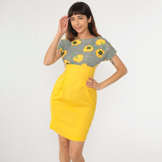 80s Yellow Floral Black Gingham Empire Waist Mini Dress Pleated Small