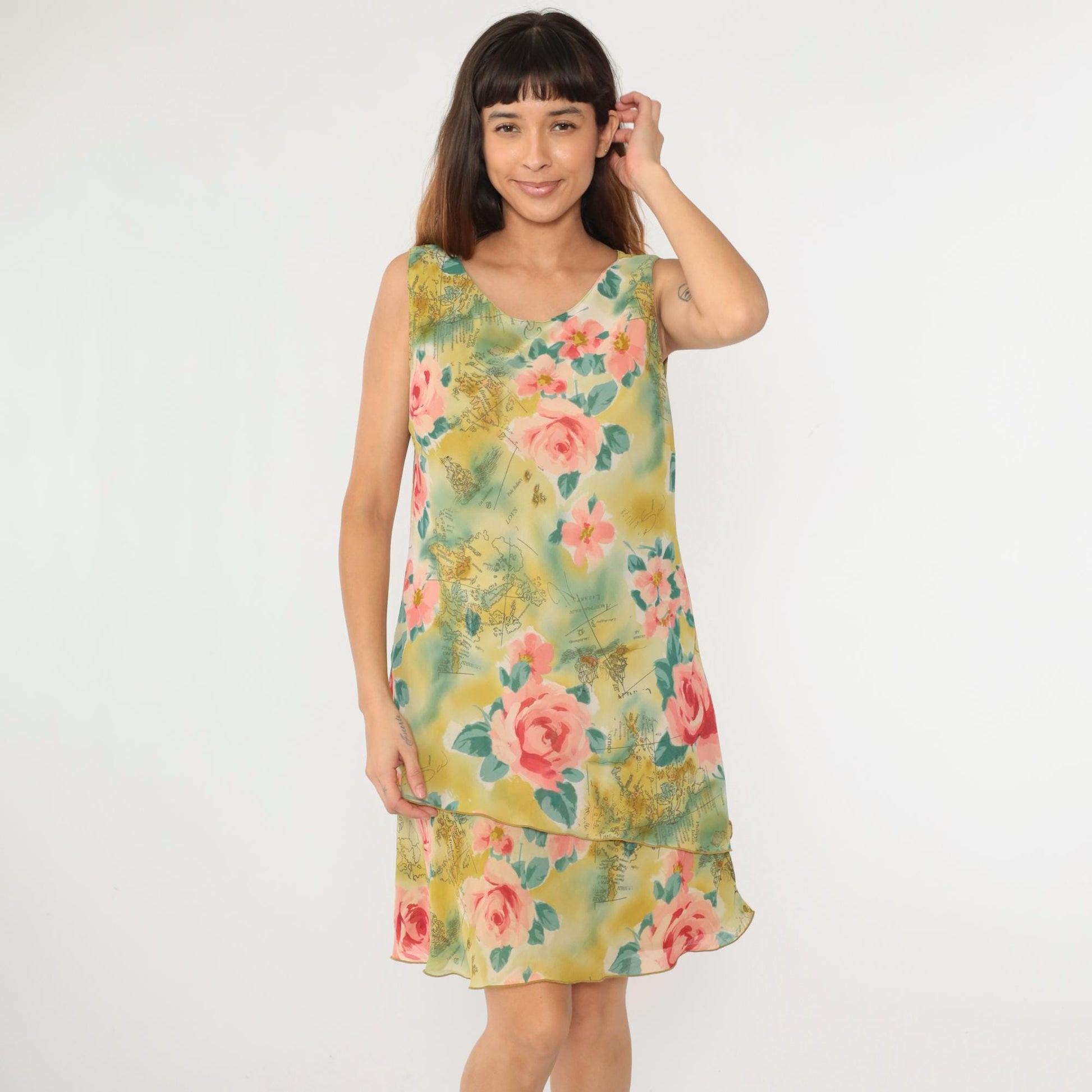 Y2K Tropical Map Floral Mini Sundress Asymmetrical Tiered Hem Pink Medium