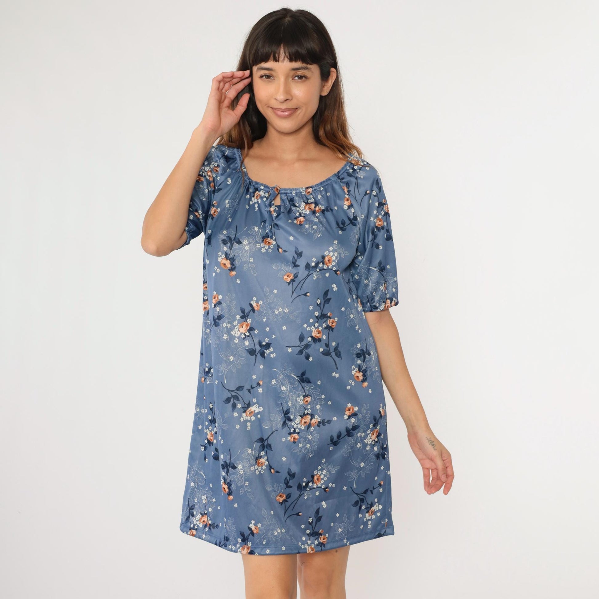 70s Blue Floral Mini Dress Keyhole Neck Shift Short Sleeve Medium Large