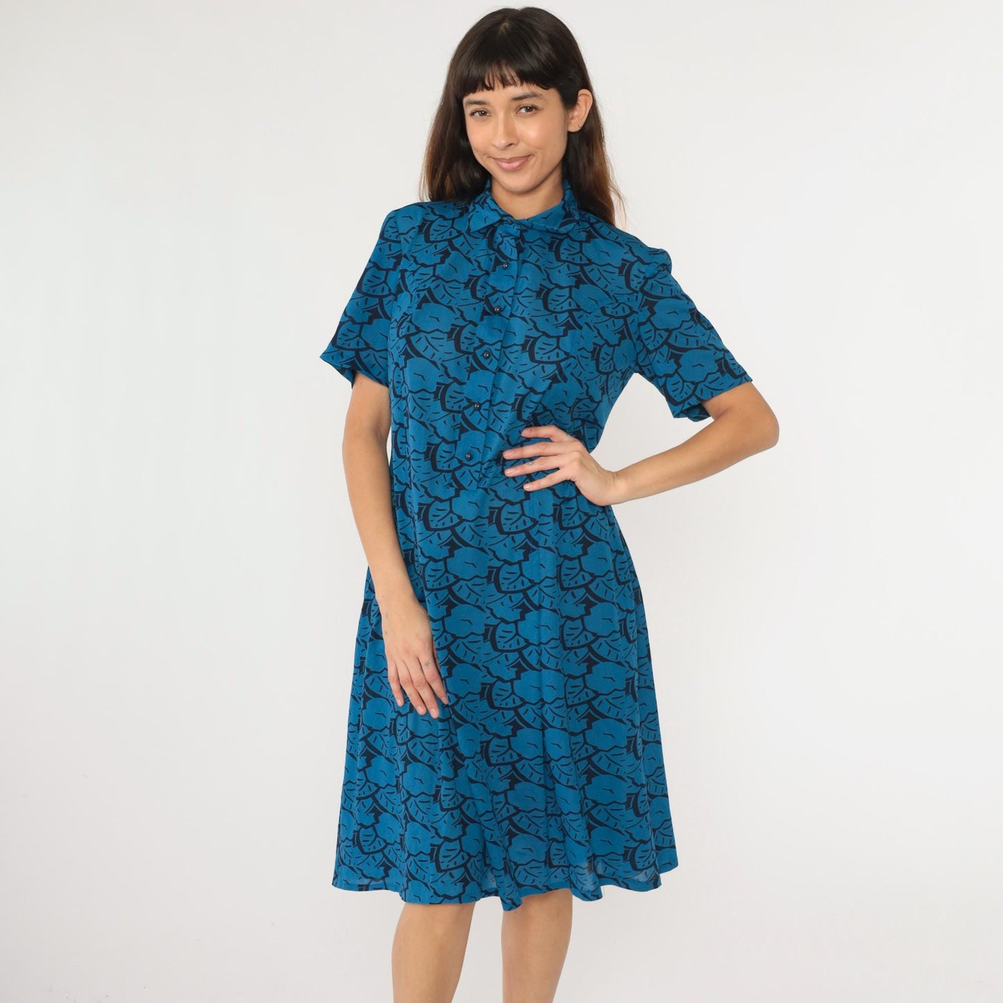 80s Abstract Floral Midi Shirtdress Button-Up Short Sleeve Black Blue Medium Large