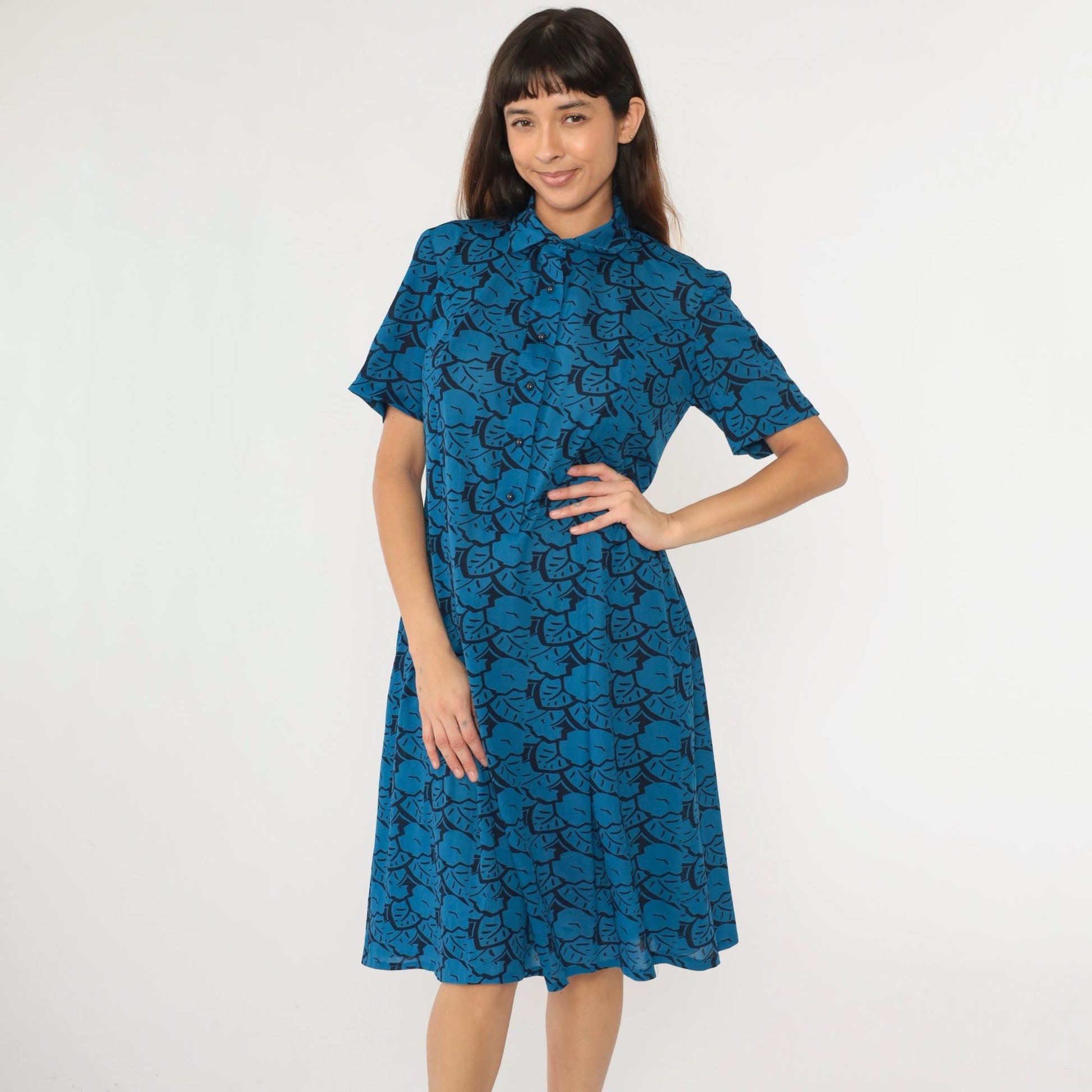 80s Abstract Floral Midi Shirtdress Button-Up Short Sleeve Black Blue Medium Large