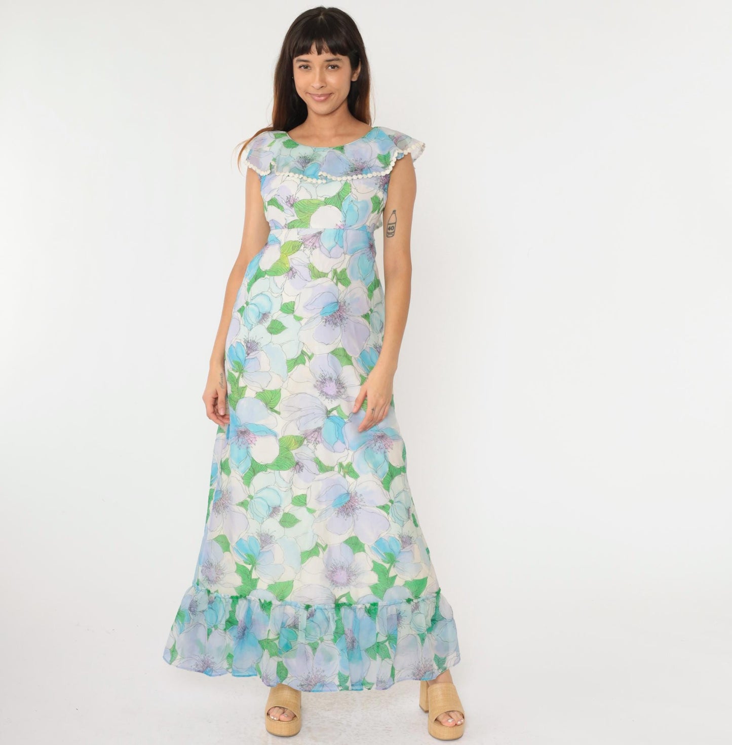 70s Floral Chiffon Maxi Dress Blue Green Ruffle Hem Open Back Small