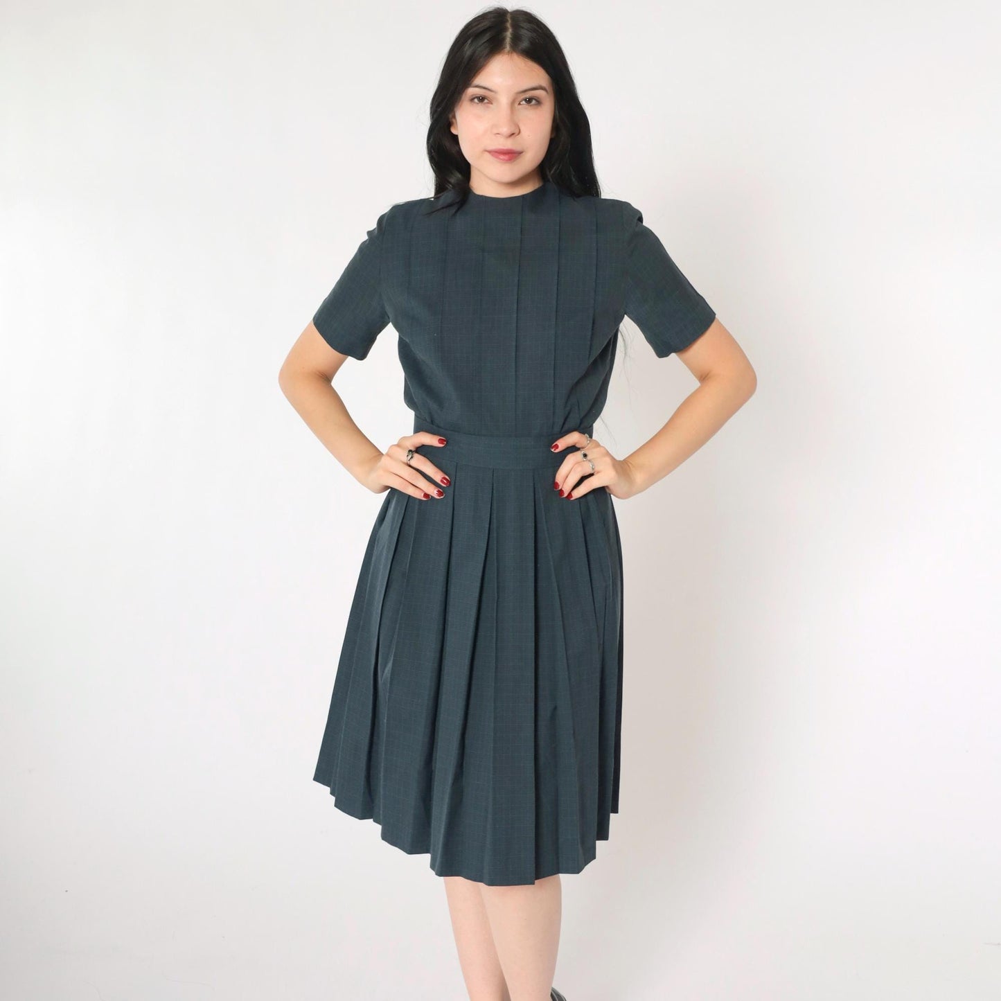 1960s Grey Checkered Pleated Day Dress High Waist Button Back Small