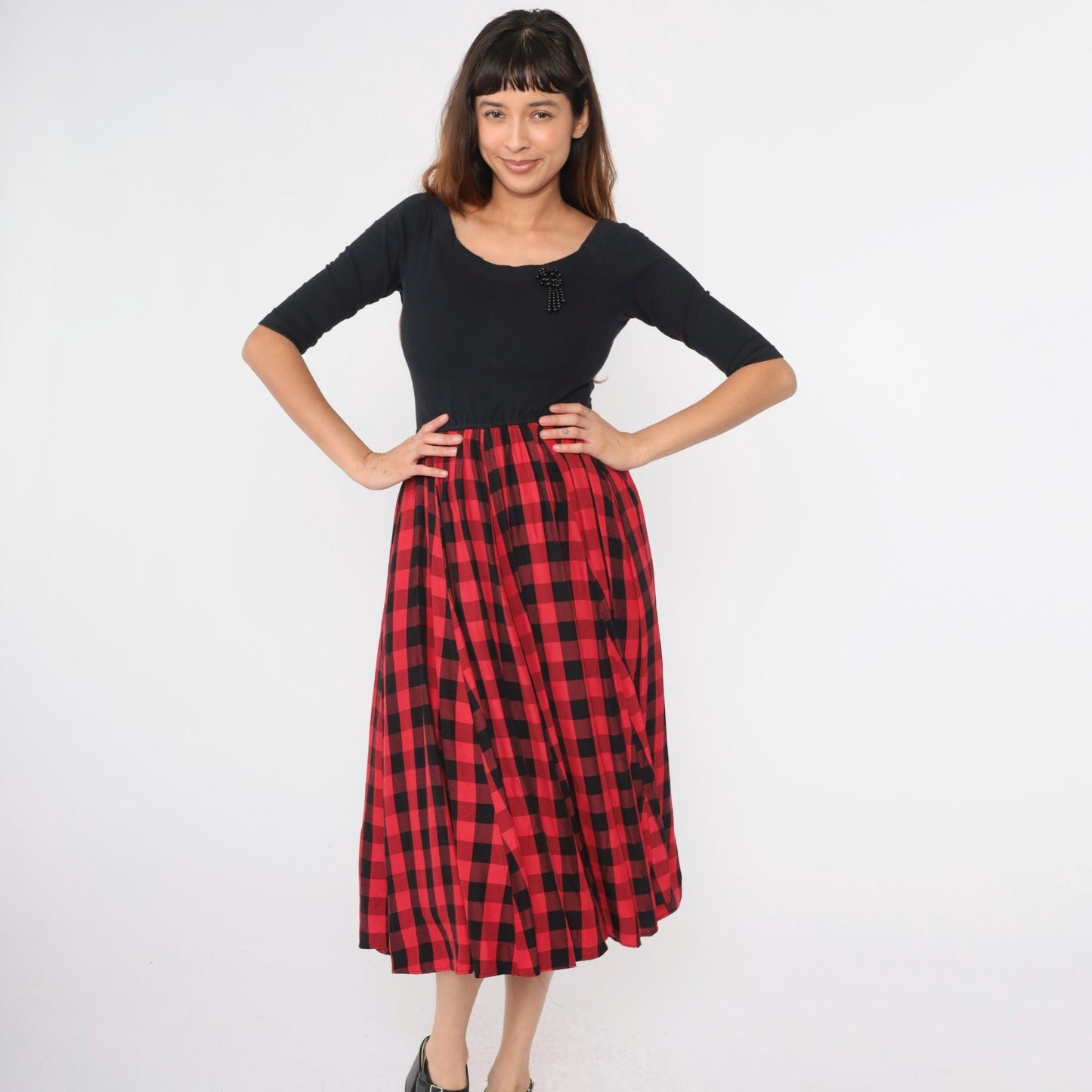 90s Buffalo Check Midi Dress Black Red High Waist Beaded Detail Medium