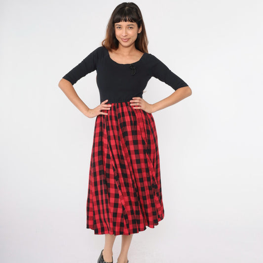 90s Buffalo Check Midi Dress Black Red High Waist Beaded Detail Medium