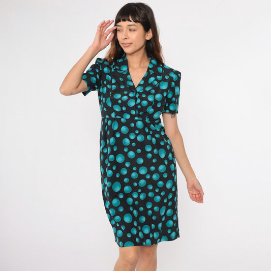 90s Black Teal Polka Dot Midi Dress Puff Sleeve High Waist Medium